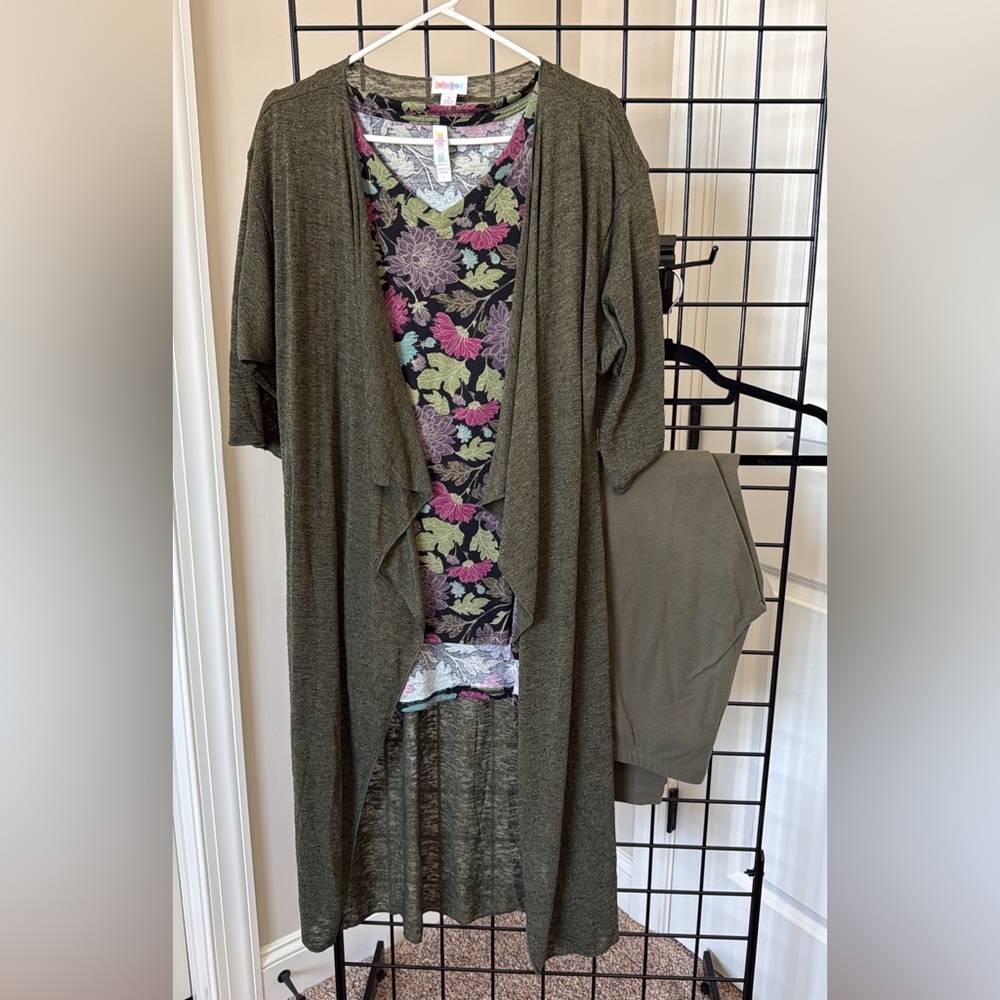 LuLaRoe Olive Green Cardigan and Floral Top Set